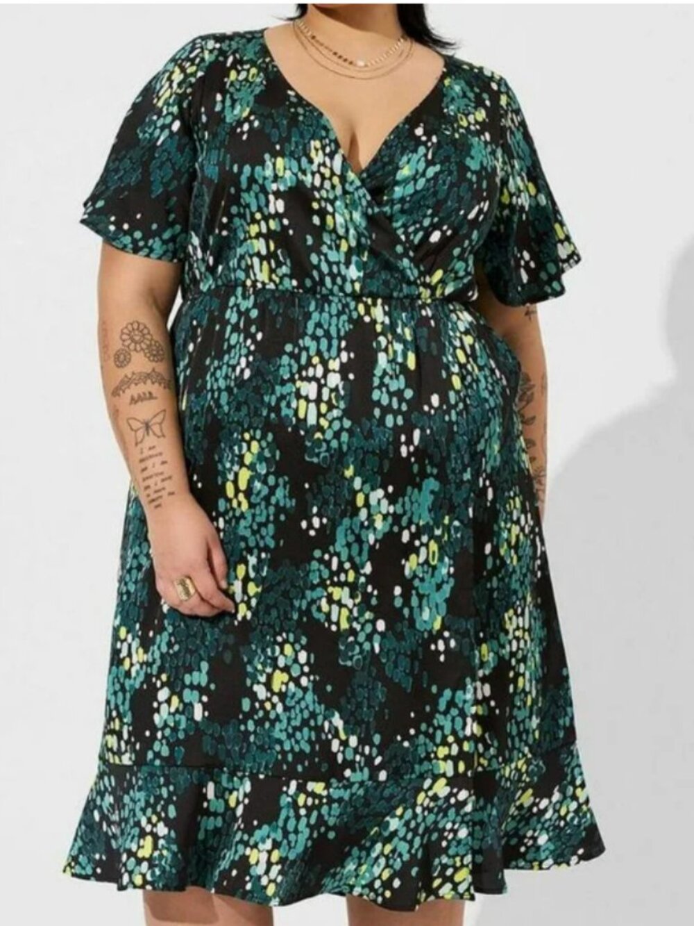 Torrid Midi Teal Black Flutter Sleeve Wrap Dress Size 2